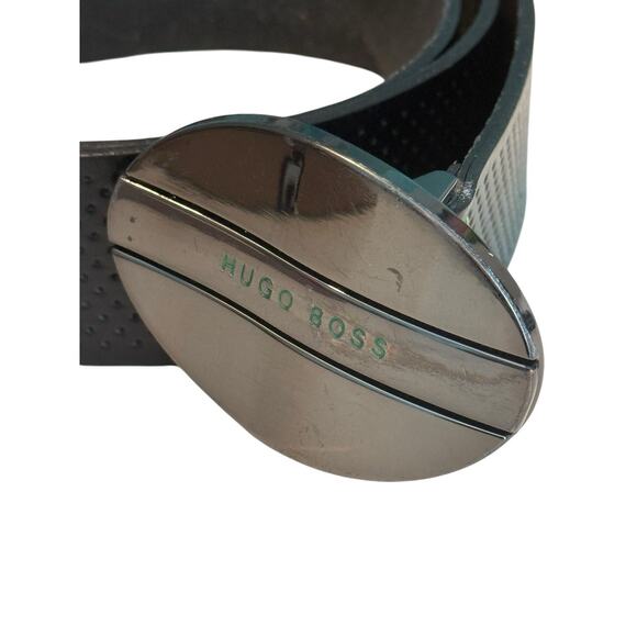 Hugo Boss Oval Buckle Leather Belt 35” To 39” Black Adjustable Preowned - Picture 1 of 9